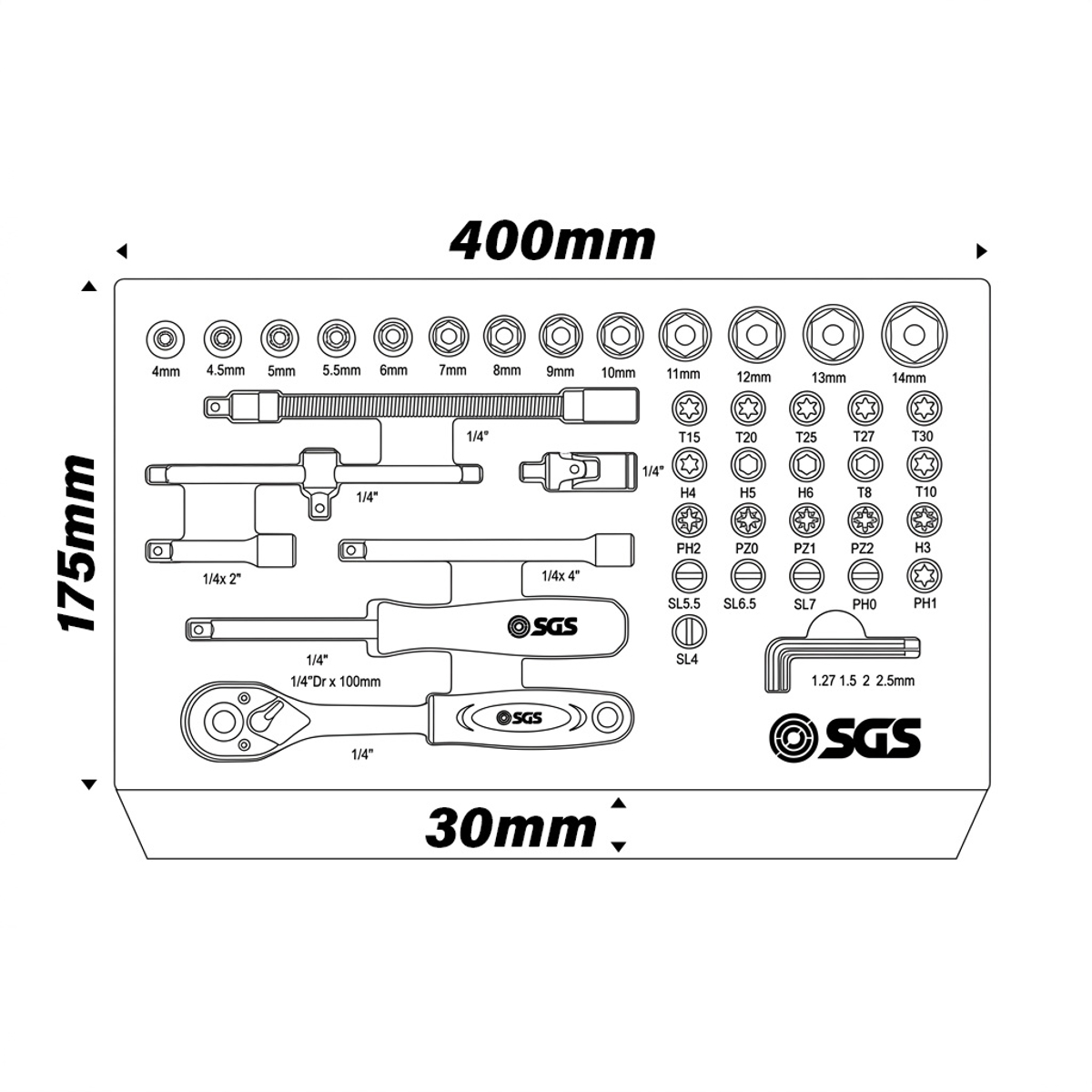 SGS 46pc 1/4in Drive Socket Set | Foam Insert